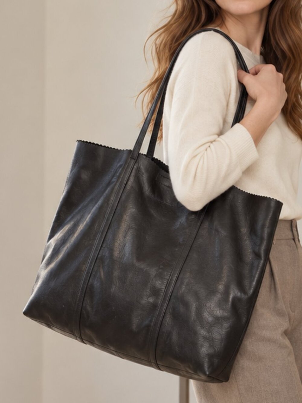 Banana Republic Paige Black Leather Pinking Shears Tote Bag Large